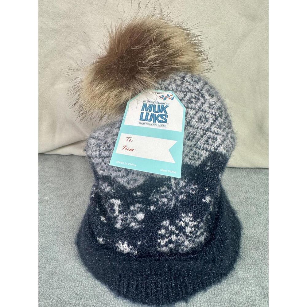 muk luks knit pom pom beanie‎ winter hat faux fur pom cozy cuff cap